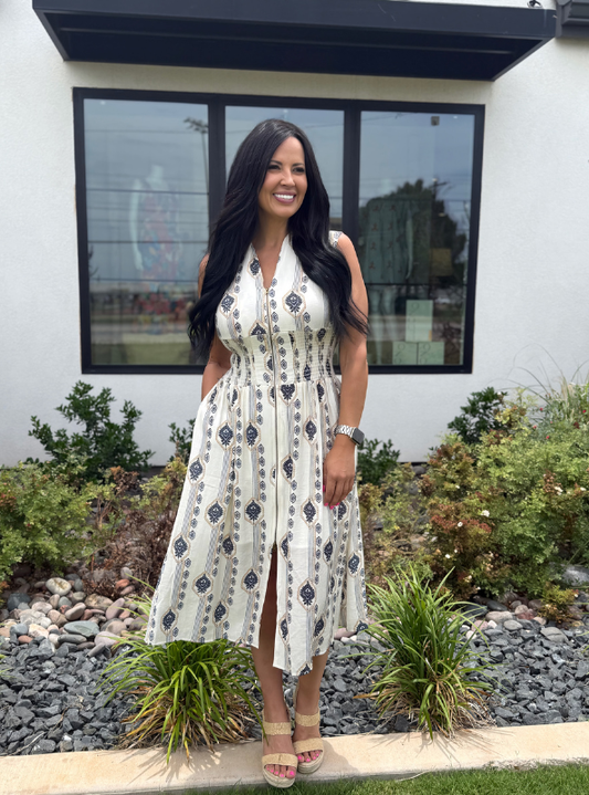 Botanical Printed Zip Front Midi Dress- Ecru