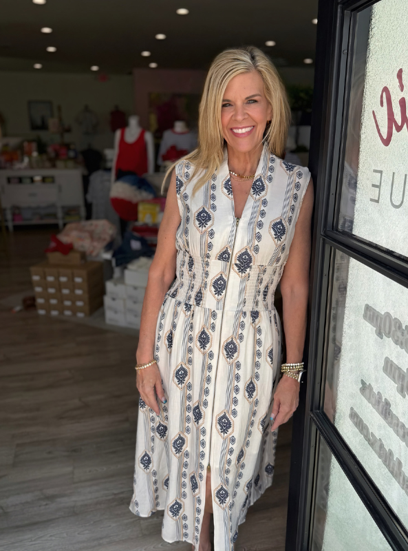 Botanical Printed Zip Front Midi Dress- Ecru