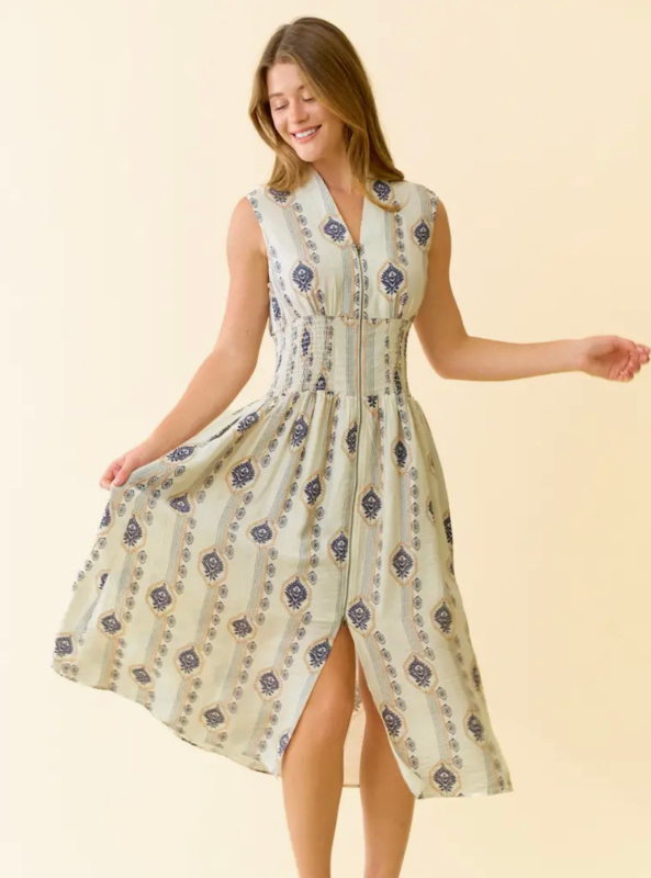 Botanical Printed Zip Front Midi Dress- Ecru