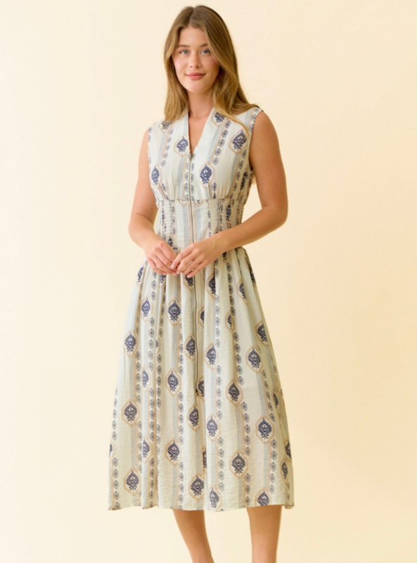 Botanical Printed Zip Front Midi Dress- Ecru