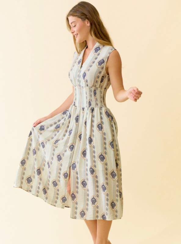 Botanical Printed Zip Front Midi Dress- Ecru