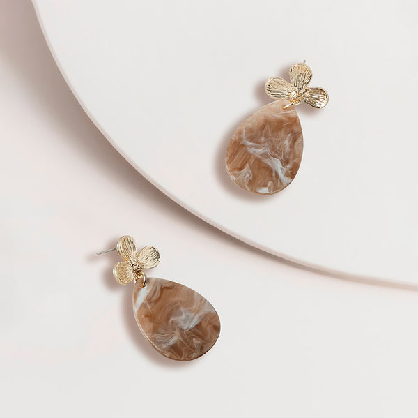 Brown Marbled Teardrop and Flower Post Earrings