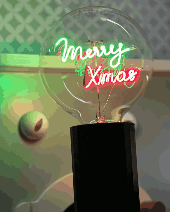 Bulb MERRY XMAS Green/ Red with Base Table Lamp PORTABLE Black