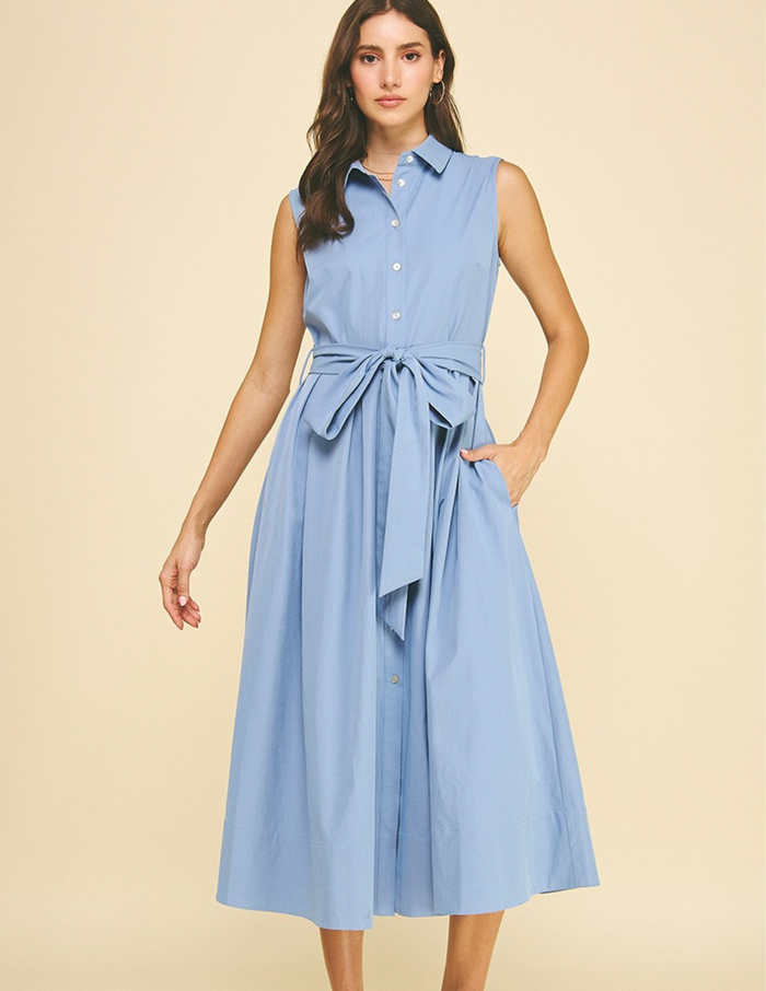 Button Down Flared Dress- Light Blue