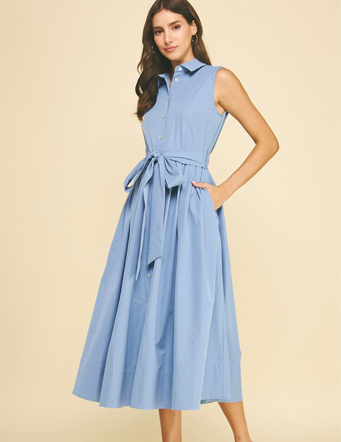 Button Down Flared Dress- Light Blue