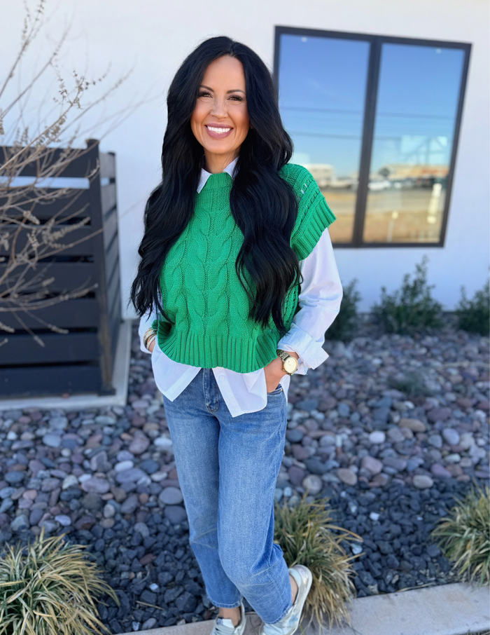 Cable Knit Short Sleeve Sweater- Green