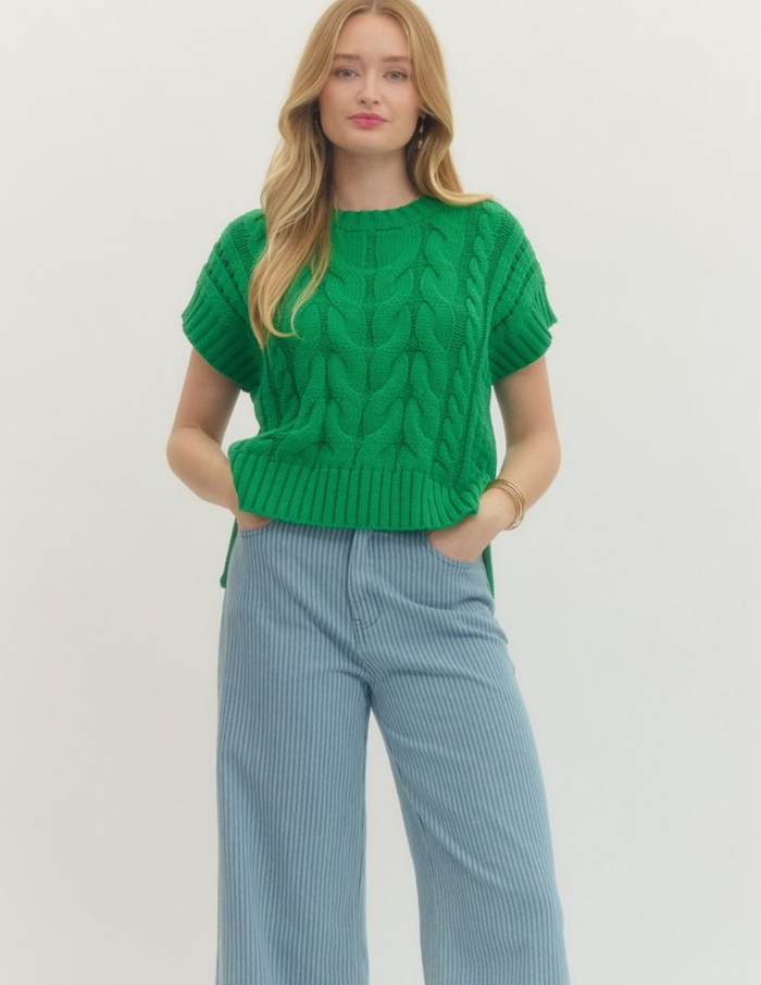 Cable Knit Short Sleeve Sweater- Green
