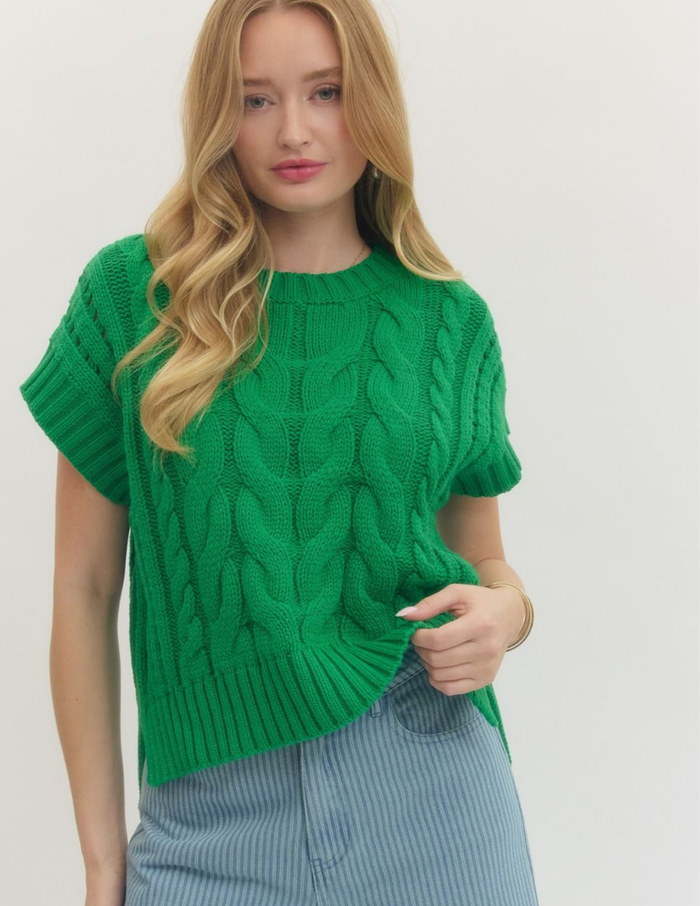 Cable Knit Short Sleeve Sweater- Green