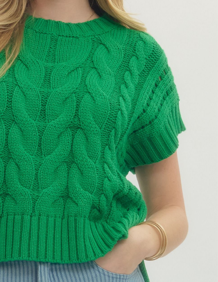 Cable Knit Short Sleeve Sweater- Green
