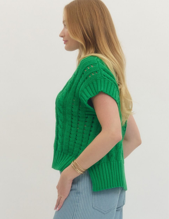 Cable Knit Short Sleeve Sweater- Green