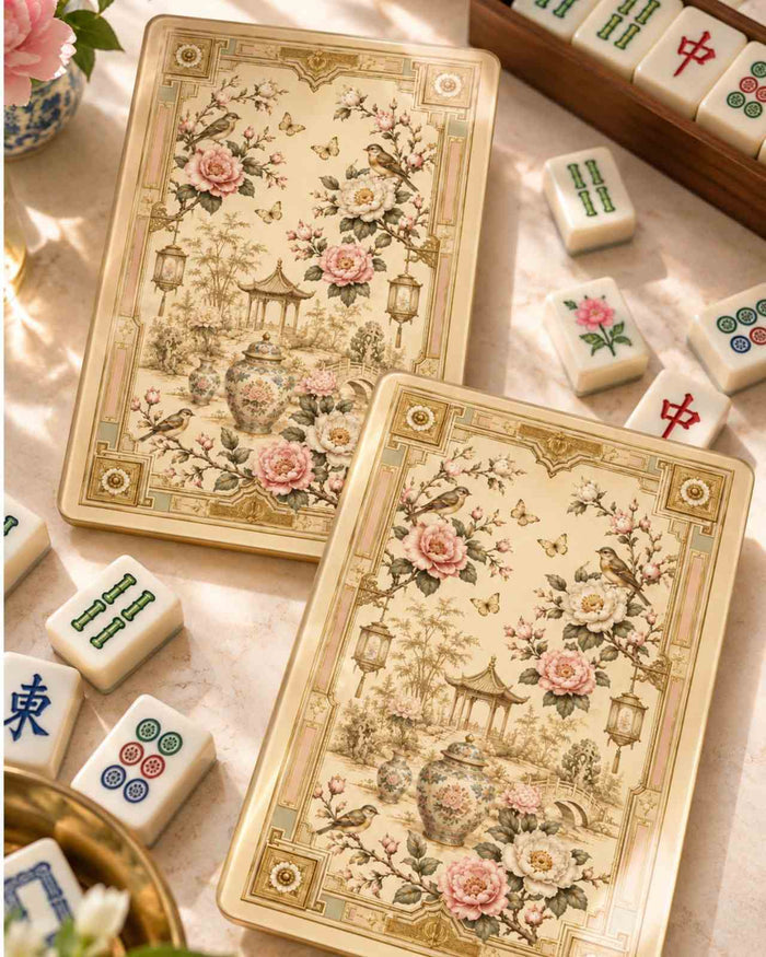 Decorative mahjong shuffler tiles set of 2 with pink camellia floral design