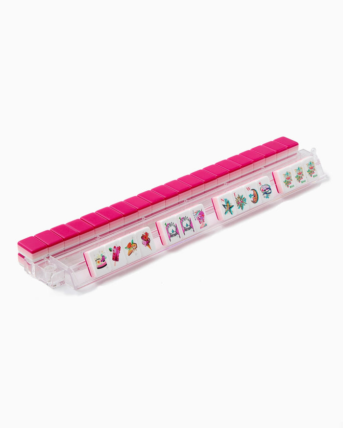 Mahjong tile rack with white tiles and bright pink edge borders