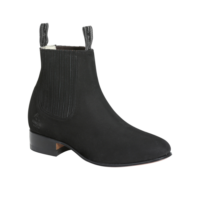 El Canelo black leather short western ankle boot with elastic side panels and low heel.