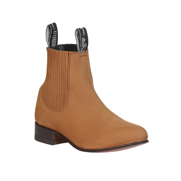 El Canelo brown leather short western ankle boot with elastic side panels and low heel.