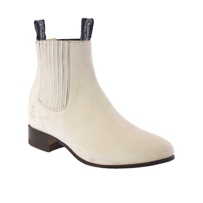 El Canelo beige leather short western ankle boot with elastic side panels and low heel.