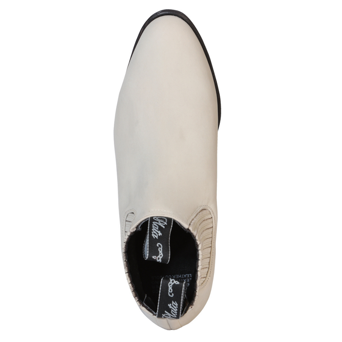 El Canelo beige leather short western ankle boot with elastic side panels and low heel.