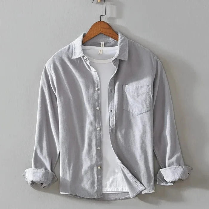 Casual cotton long sleeve shirt with pocket - AntoniosClothing - Light gray