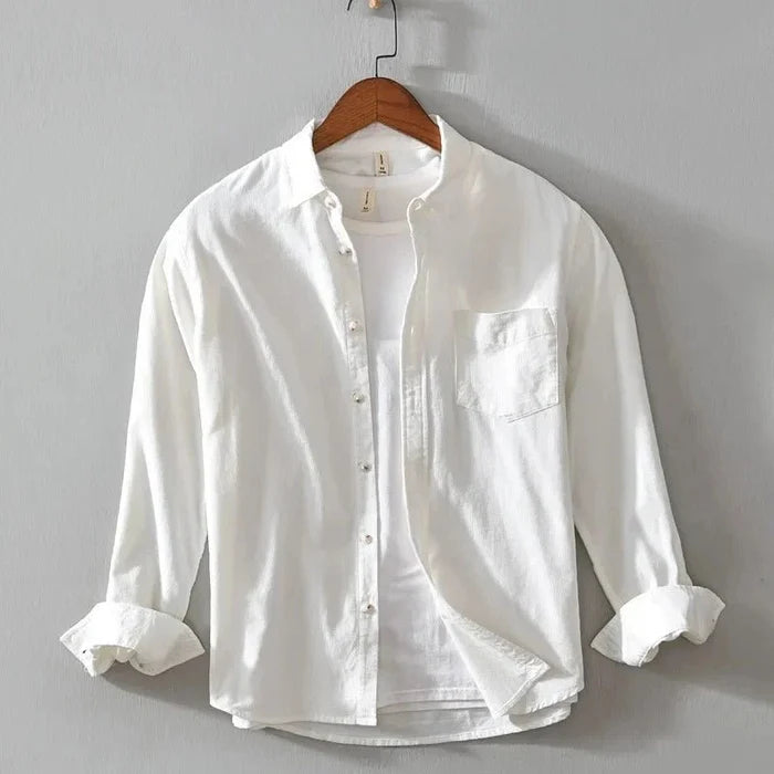 Casual cotton long sleeve shirt with pocket - AntoniosClothing - White