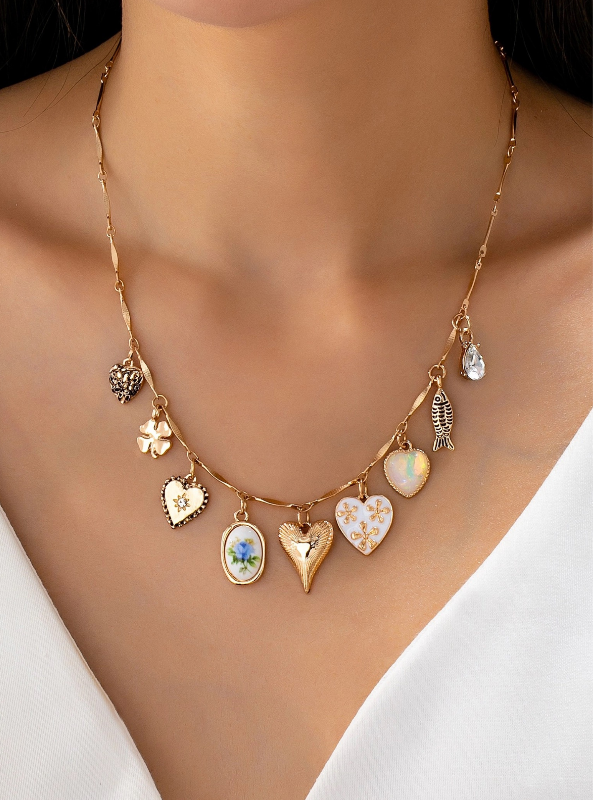 Charm Necklace-Hearts Porcelain Fish Rhinestone