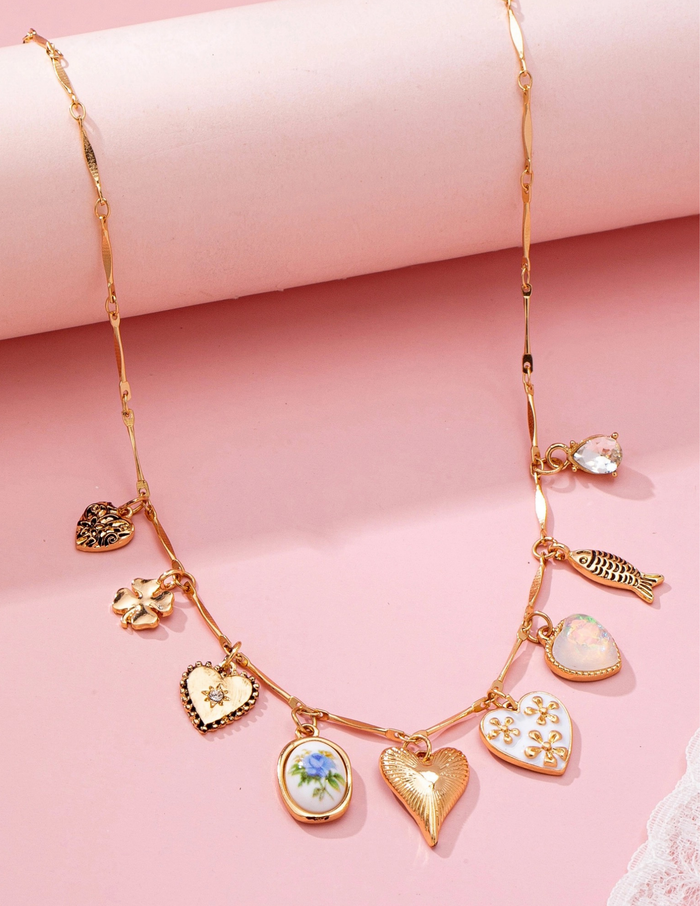 Charm Necklace-Hearts Porcelain Fish Rhinestone