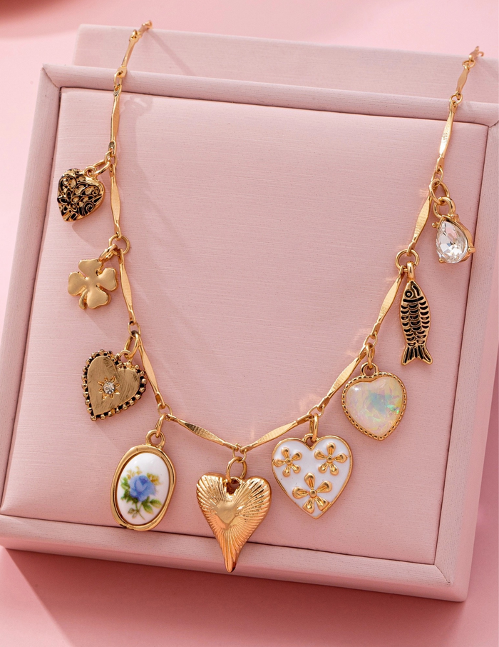 Charm Necklace-Hearts Porcelain Fish Rhinestone