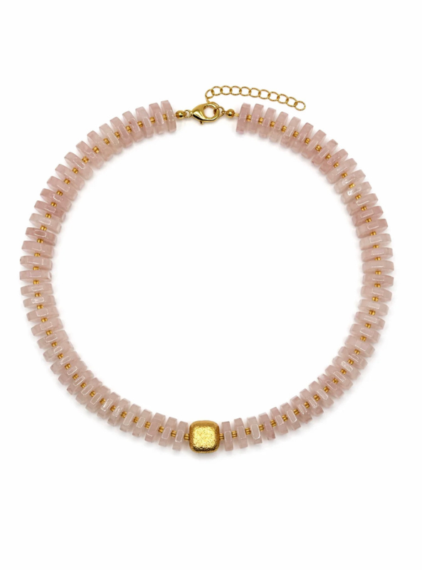 Chunky Rose Quartz Flat Gemstone Necklace