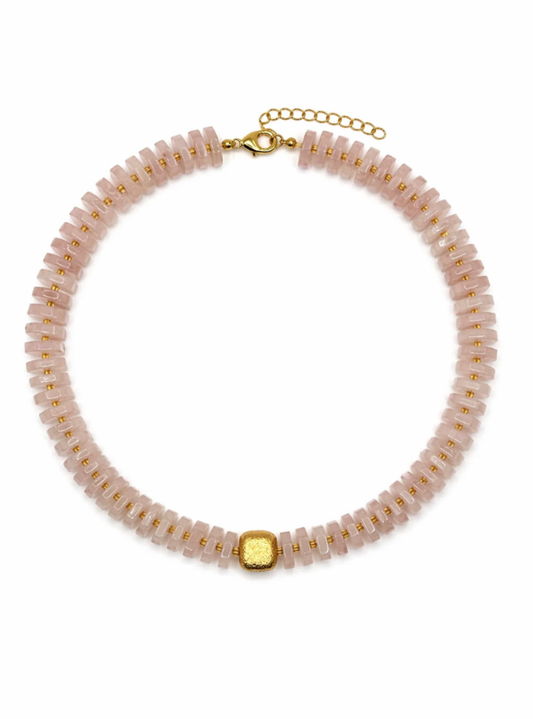 Chunky Rose Quartz Flat Gemstone Necklace