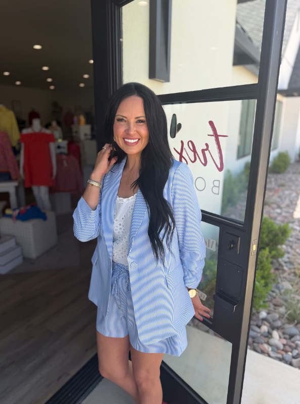 Cinched Sleeve One-Button Stripe Blazer- Blue & White