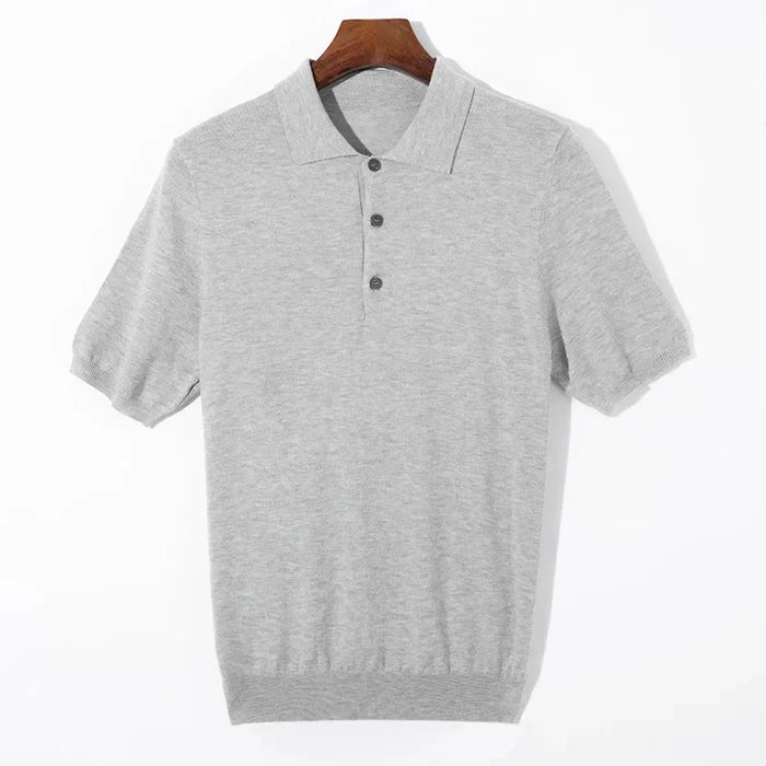 Silk wool polo t-shirt classic knitwear elegance - AntoniosClothing - Gray