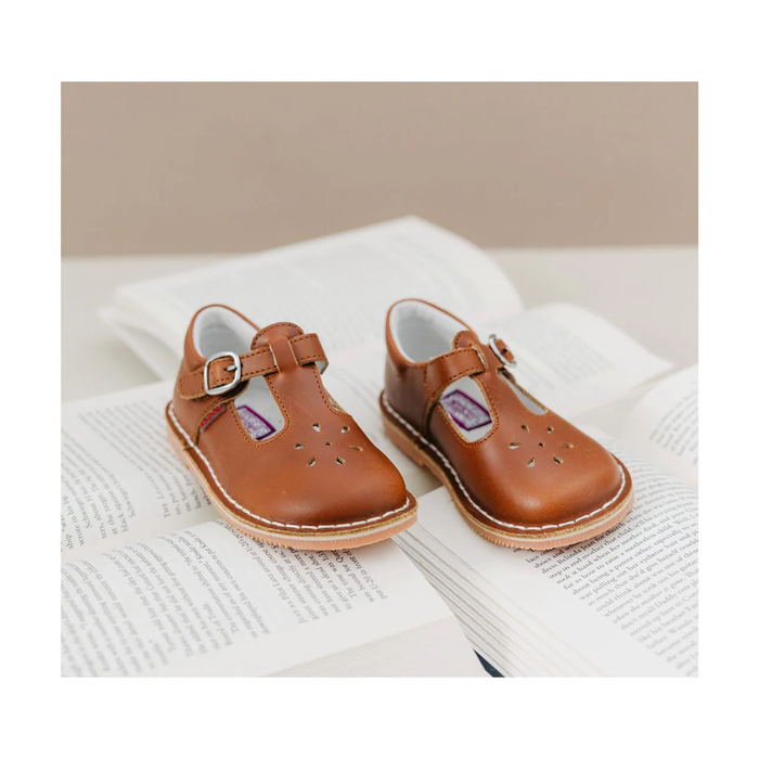 Cognac Joy Waxed Leather T-Strap Mary Jane