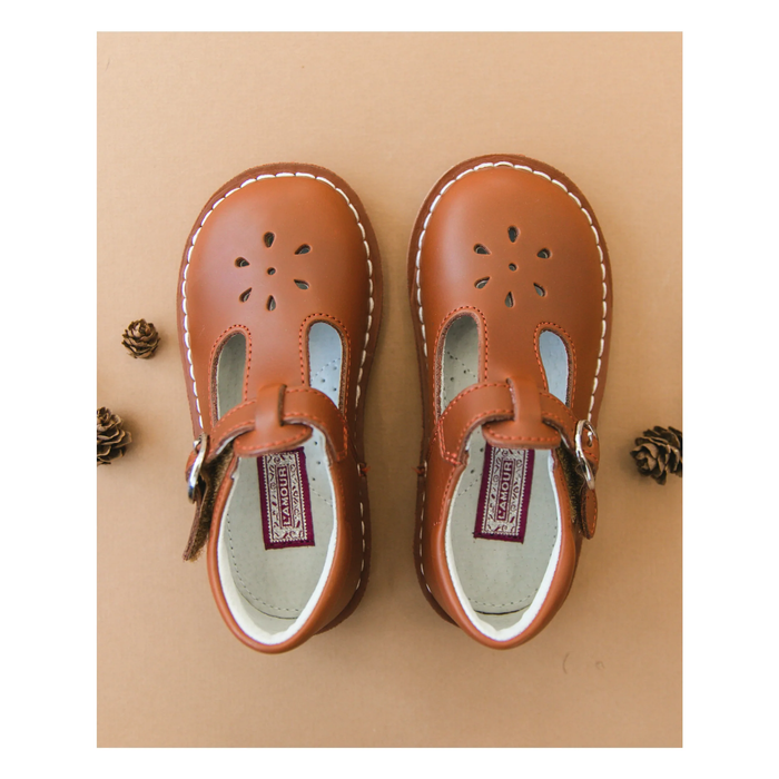 Cognac Joy Waxed Leather T-Strap Mary Jane