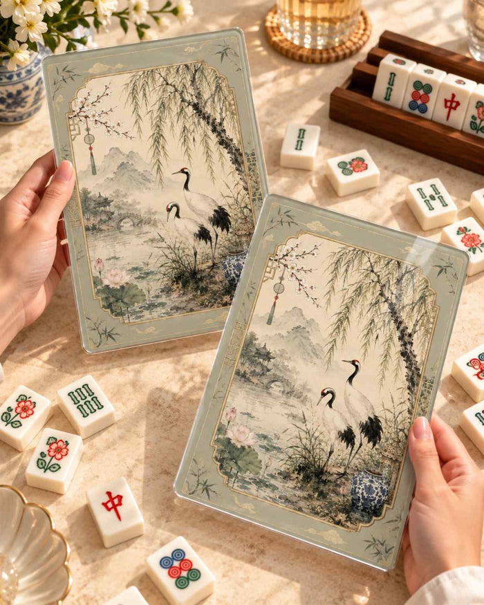 Mahjong shufflers set of 2: watercolor crane landscape tiles with green border