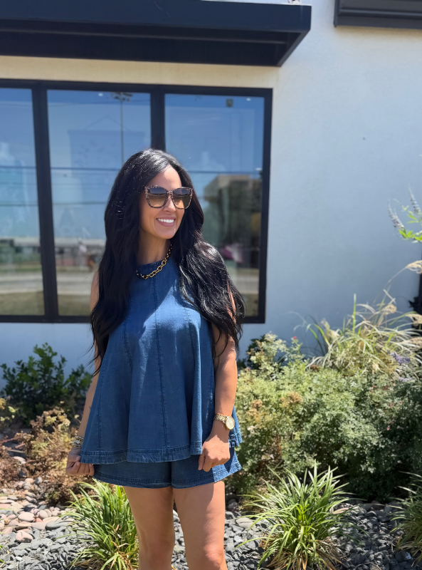 Crew Neck Sleeveless Tunic Top- Indigo Blue