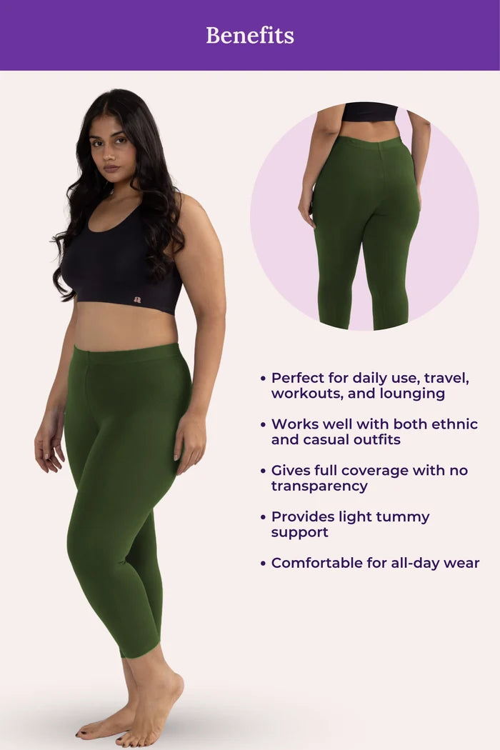 Woman wearing green cropped leggings with text highlighting benefits on a white background