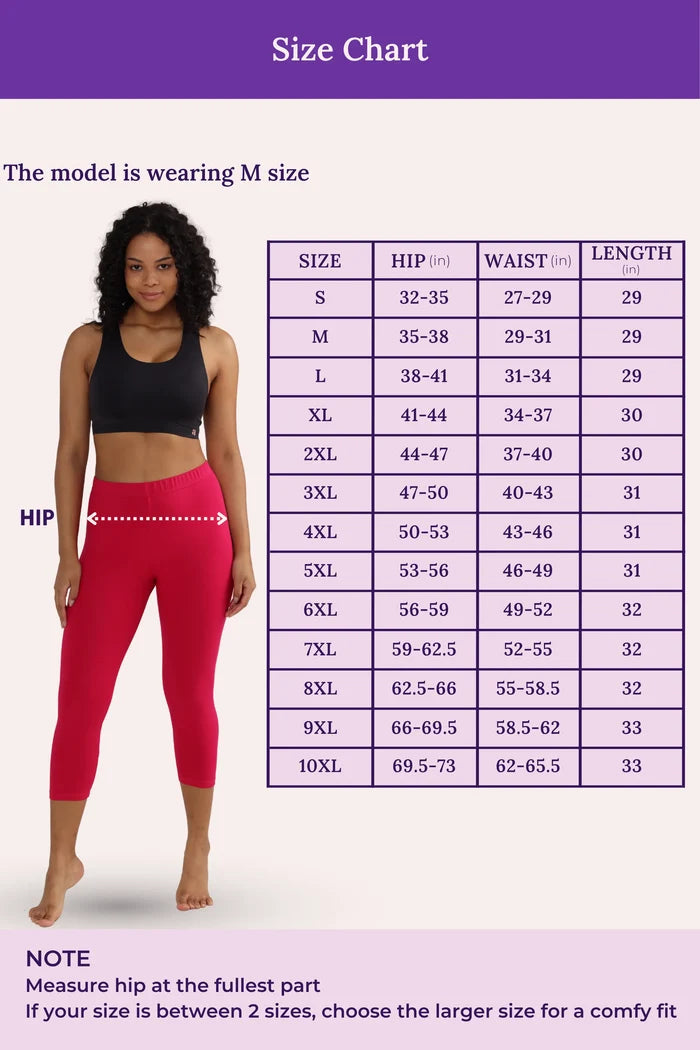 Size chart for leggings with a model wearing M size, showing hip, waist, and length measurements.