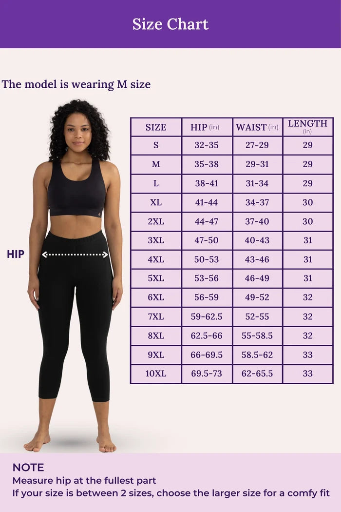 Size chart for leggings with a model wearing M size, showing hip, waist, and length measurements.