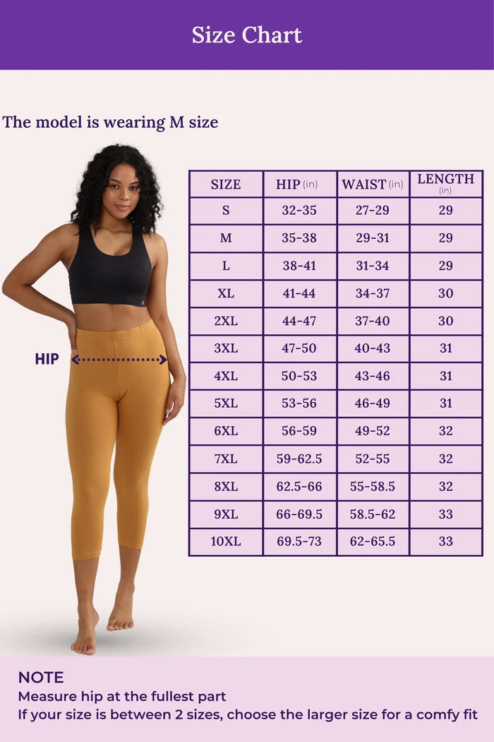 Size chart for leggings with a model wearing M size, showing measurements in inches.