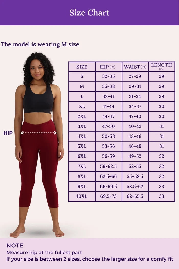 Size chart for leggings with a model wearing M size, showing measurements in hip, waist, and length.
