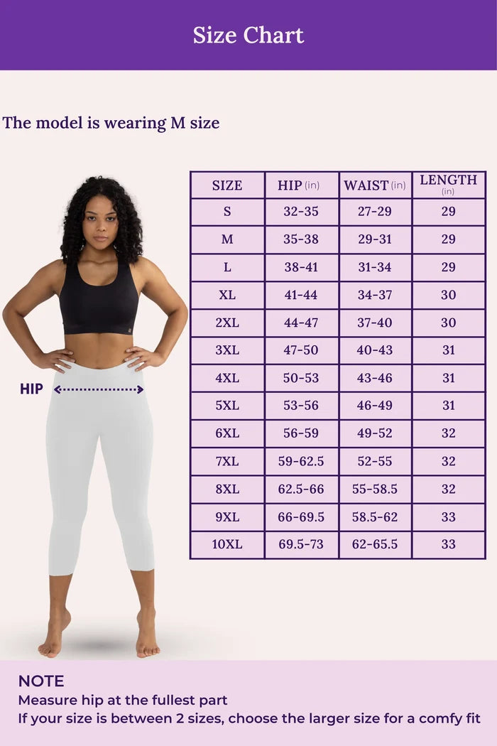 Size chart for leggings with a model wearing M size, showing measurements in hip, waist, and length.