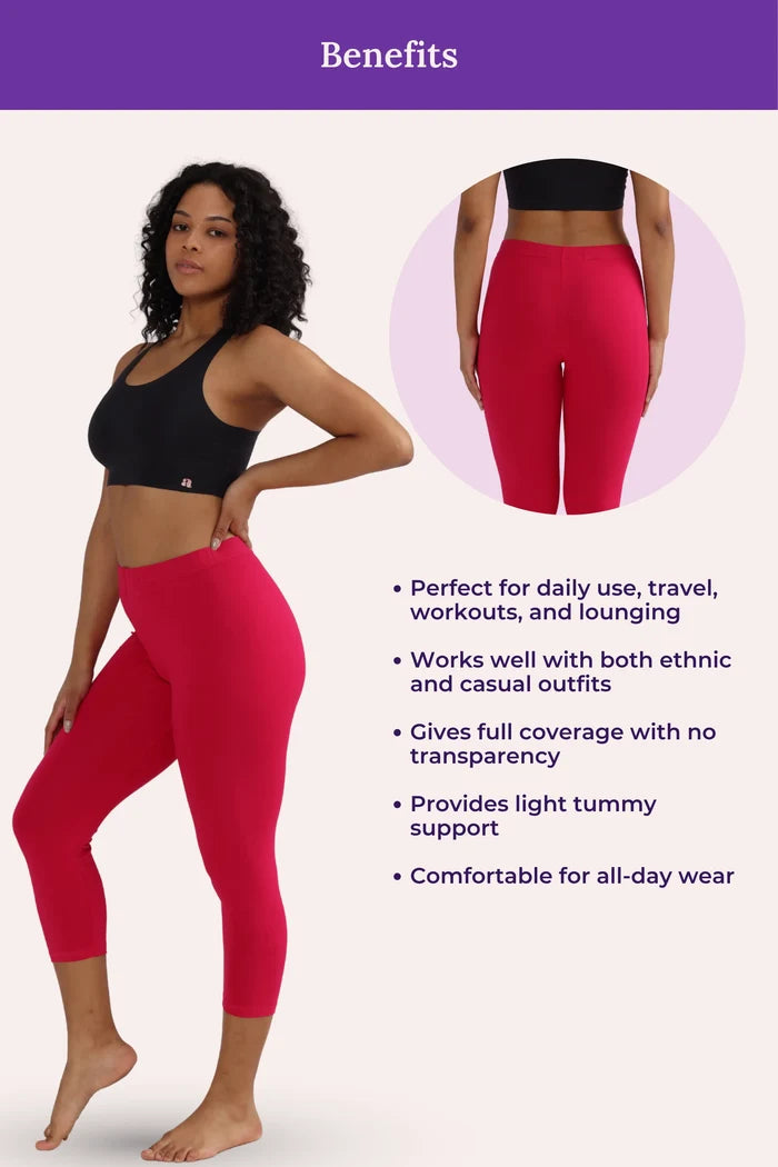 Woman wearing dark pink cropped leggings with a close-up inset and text about product benefits on a white background.