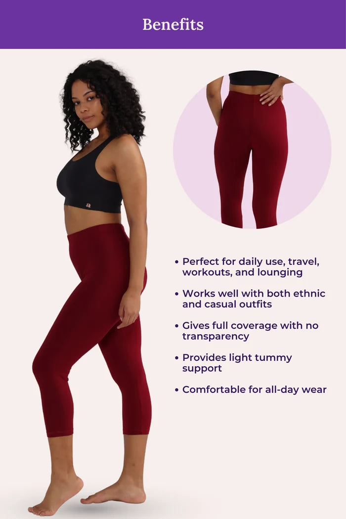 Woman wearing maroon cropped leggings with a close-up inset and text about product benefits on a white background.