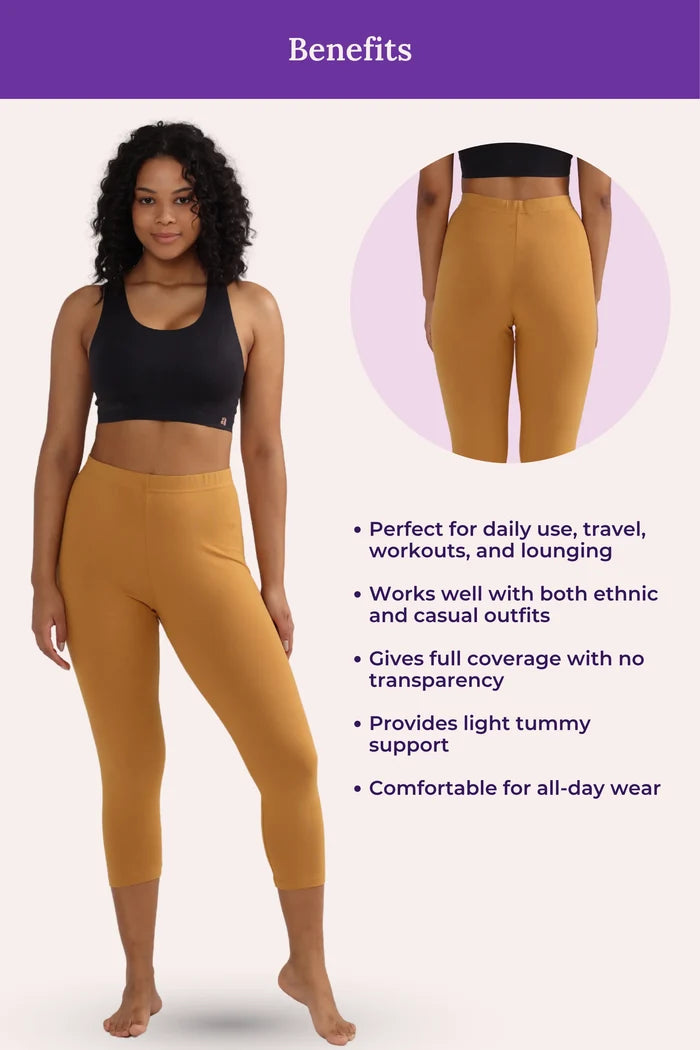 Woman wearing caramel cropped leggings with a close-up inset and text about product benefits on a white background.