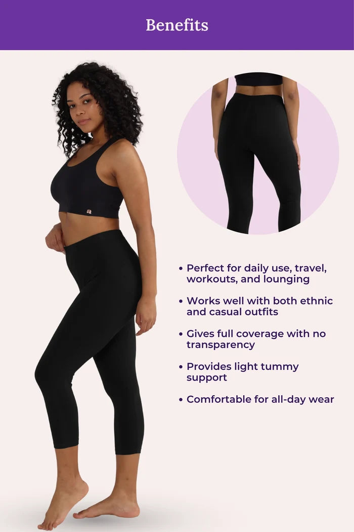 Woman wearing black cropped leggings with a close-up inset and text about product benefits on a white background.