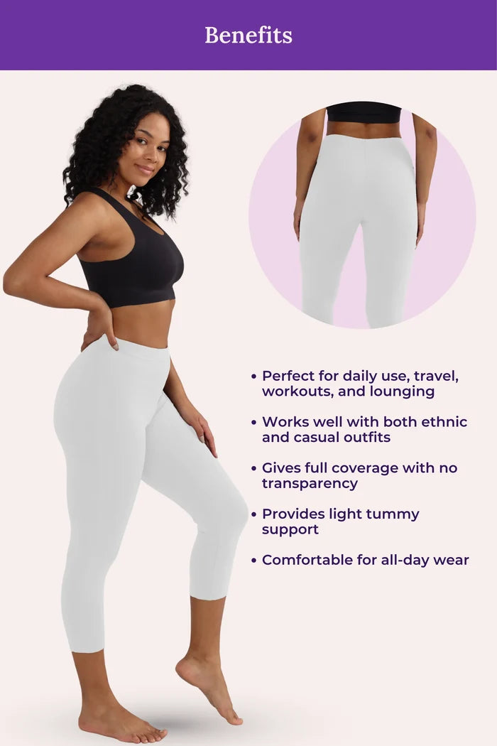 Woman wearing white cropped leggings with a close-up inset and text about product benefits on a white background.
