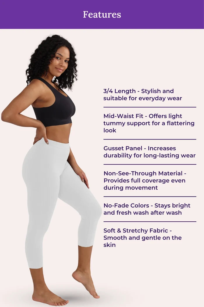 Woman wearing black sports bra and white cropped leggings with feature text on a white background