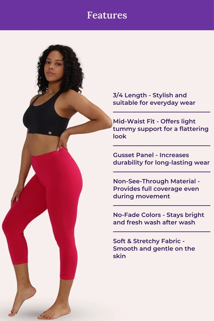Woman wearing black sports bra and dark pink leggings with feature text on a white background