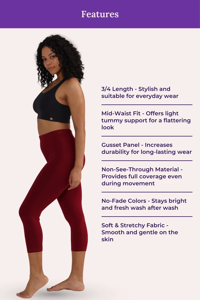 Woman wearing black sports bra and maroon leggings with feature text on a white background