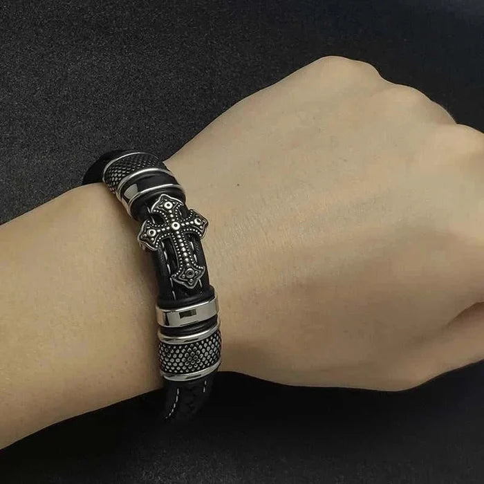 Cross punk leather bracelet - AntoniosClothing - Blue