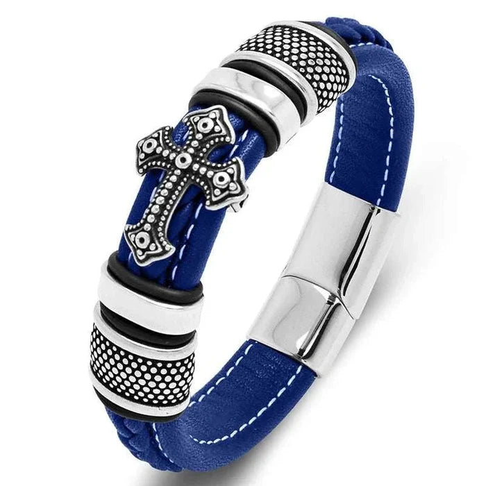 Cross punk leather bracelet - AntoniosClothing - Blue