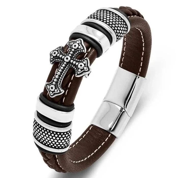 Cross punk leather bracelet - AntoniosClothing - Brown